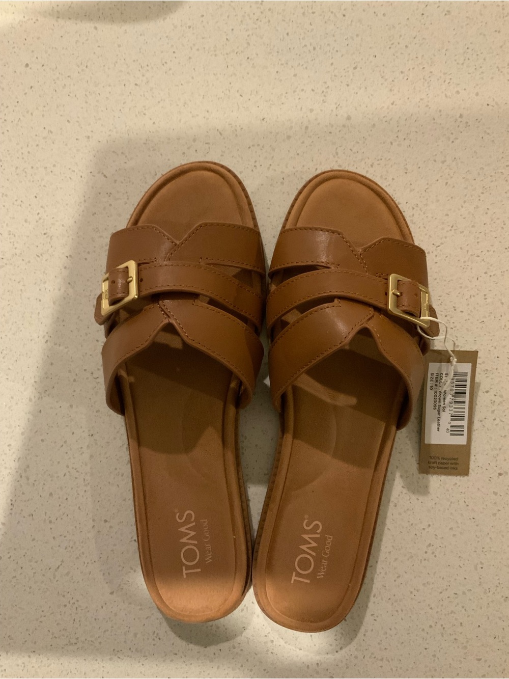 TOMS Tan Leather Double-Buckle Slide Sandals